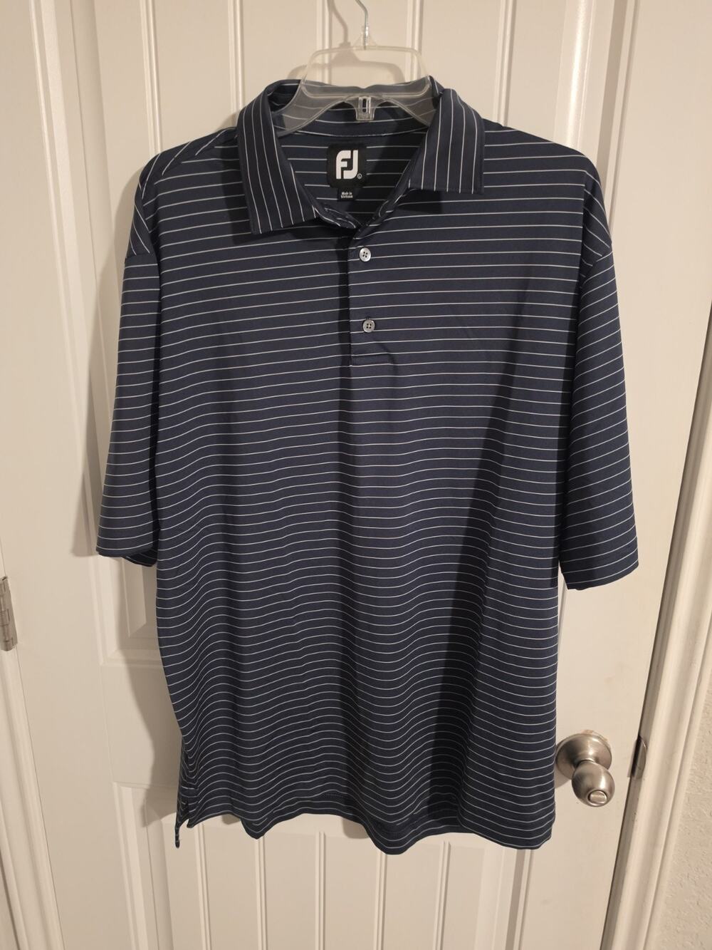 FootJoy FJ Men’s Golf Polo Lg Navy Blue White Stripe Performance Shirt 24” P2P